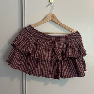 Ruffled Plaid Mini Skirt - Burgundy Check